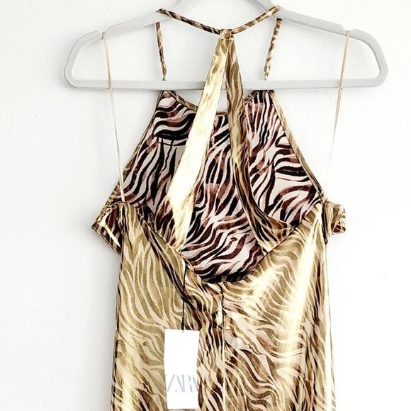 Zara Tiger Print Metallic Gold Midi Dress with Open Back Halter Top Size Small - Picture 8 of 11